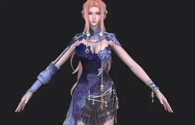 古风异域美女女侠 粉发古装紫纱礼服 国风御姐